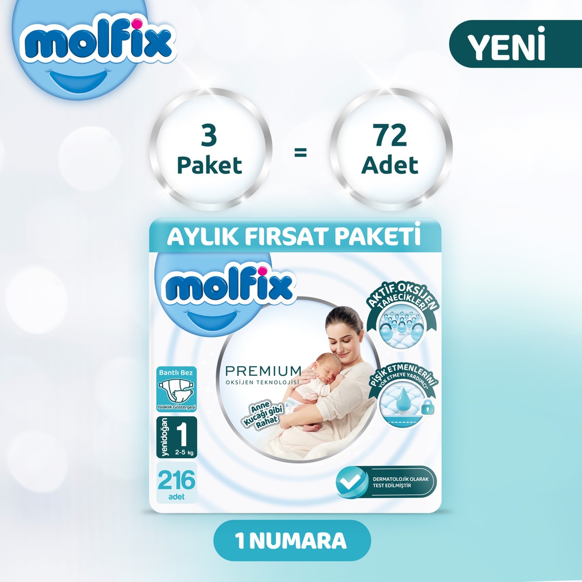 Molfix Premium Aylık Fırsat Paketi 1 Beden 216 Adet