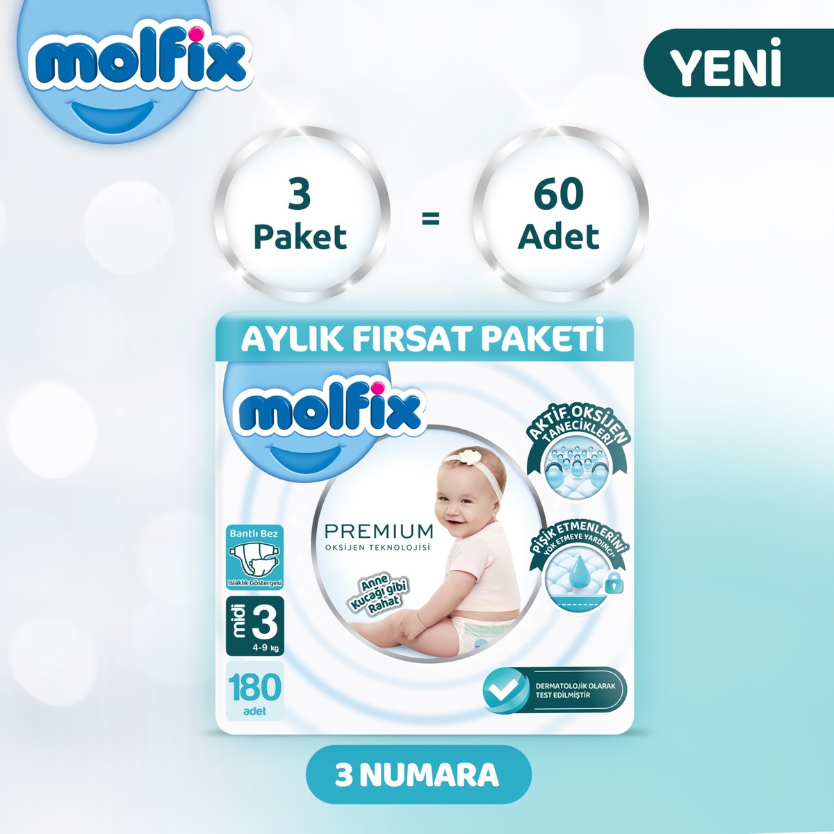 Molfix Premium Aylık Fırsat Paketi 3 Beden 180 Adet