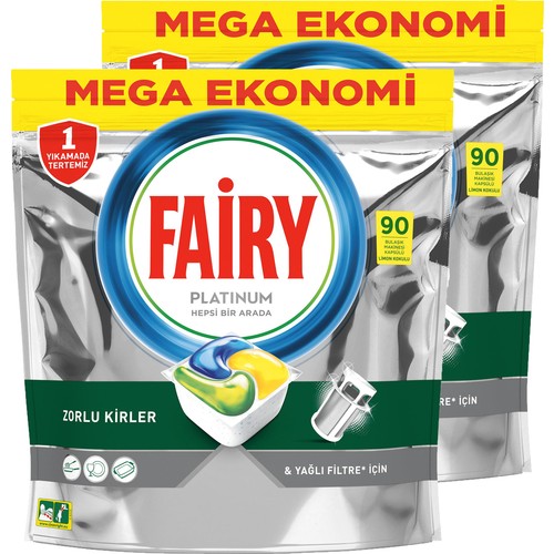 Fairy Platinum Bulaşık Makinesi Deterjanı Tableti / Kapsülü Limon Kokulu 180 Yıkama (90x2)