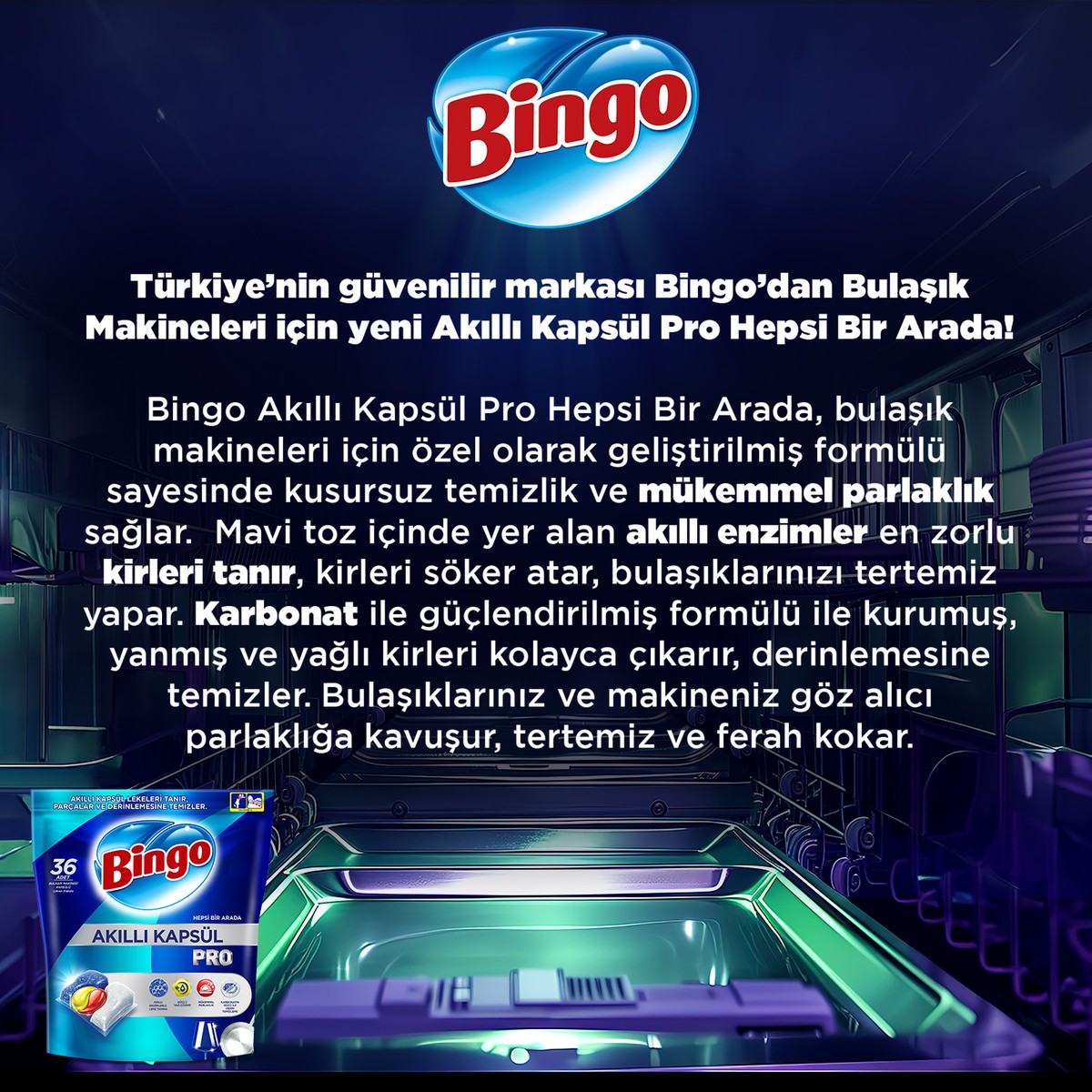 Bingo Akıllı Kapsül Pro Bulaşık Makinesi Deterjanı Tableti 50’li