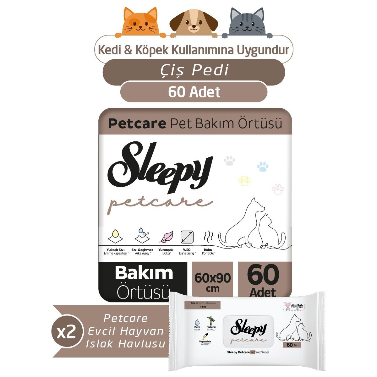 Sleepy Petcare 2X30 Adet Pet Bakım Örtüsü + 2X60 Evcil Hayvan Islak Havlusu