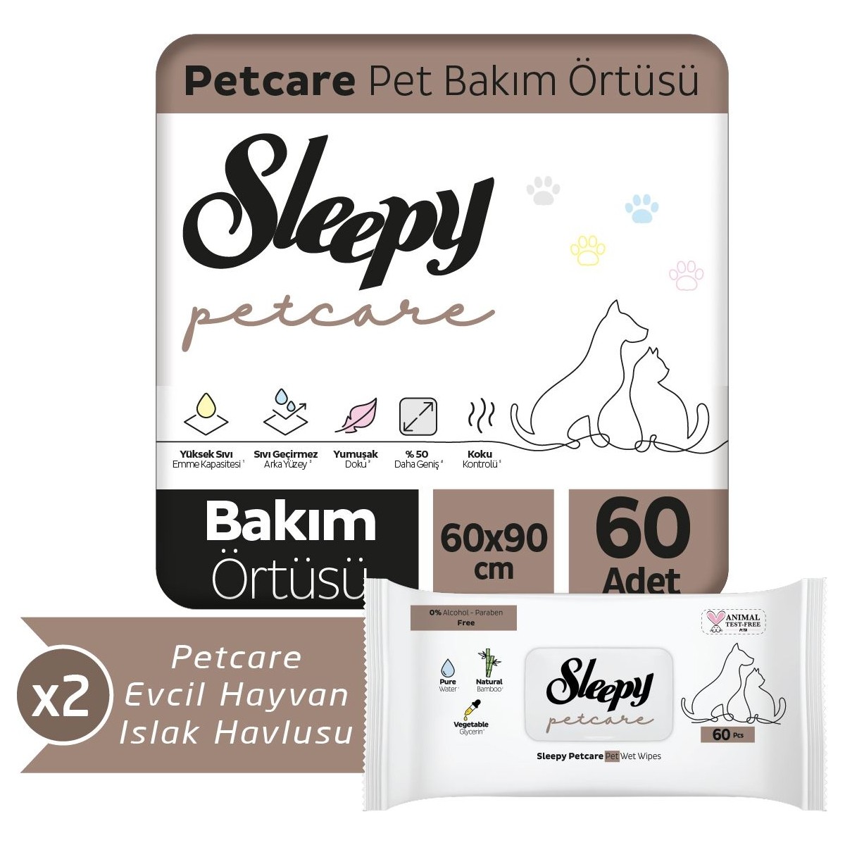 Sleepy Petcare 2X30 Adet Pet Bakım Örtüsü + 2X60 Evcil Hayvan Islak Havlusu