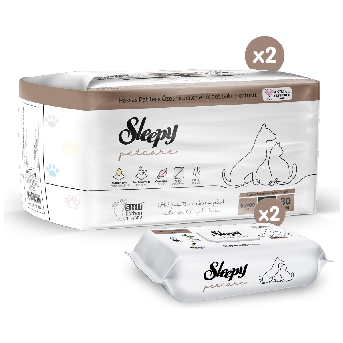 Sleepy Petcare 2X30 Adet Pet Bakım Örtüsü + 2X60 Evcil Hayvan Islak Havlusu