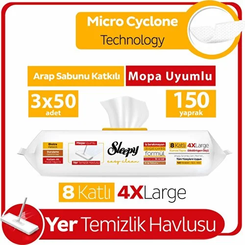 Sleepy Easy Clean Arap Sabunu Katkılı Mopa Uyumlu Yer Temizlik Havlusu 3X50 (150 Yaprak)