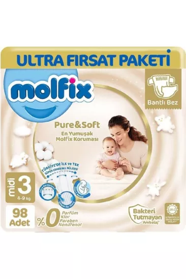 Molfix Pure Soft 3 Beden Midi 98’li Bebek Bezi