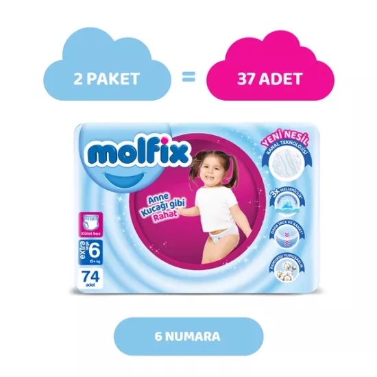 Molfix Külot Bez 6 Beden E.large Aylık Avantaj Paketi 74 Adet