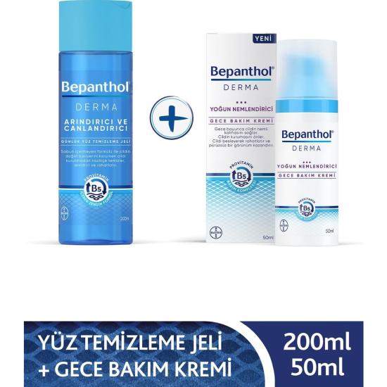 Bepanthol Derma Yoğun Nemlendirici Gece Bakım Kremi 50ML + Derma Arındırıcı & Canlandırıcı Günlük Yüz Temizleme Jeli 200ML