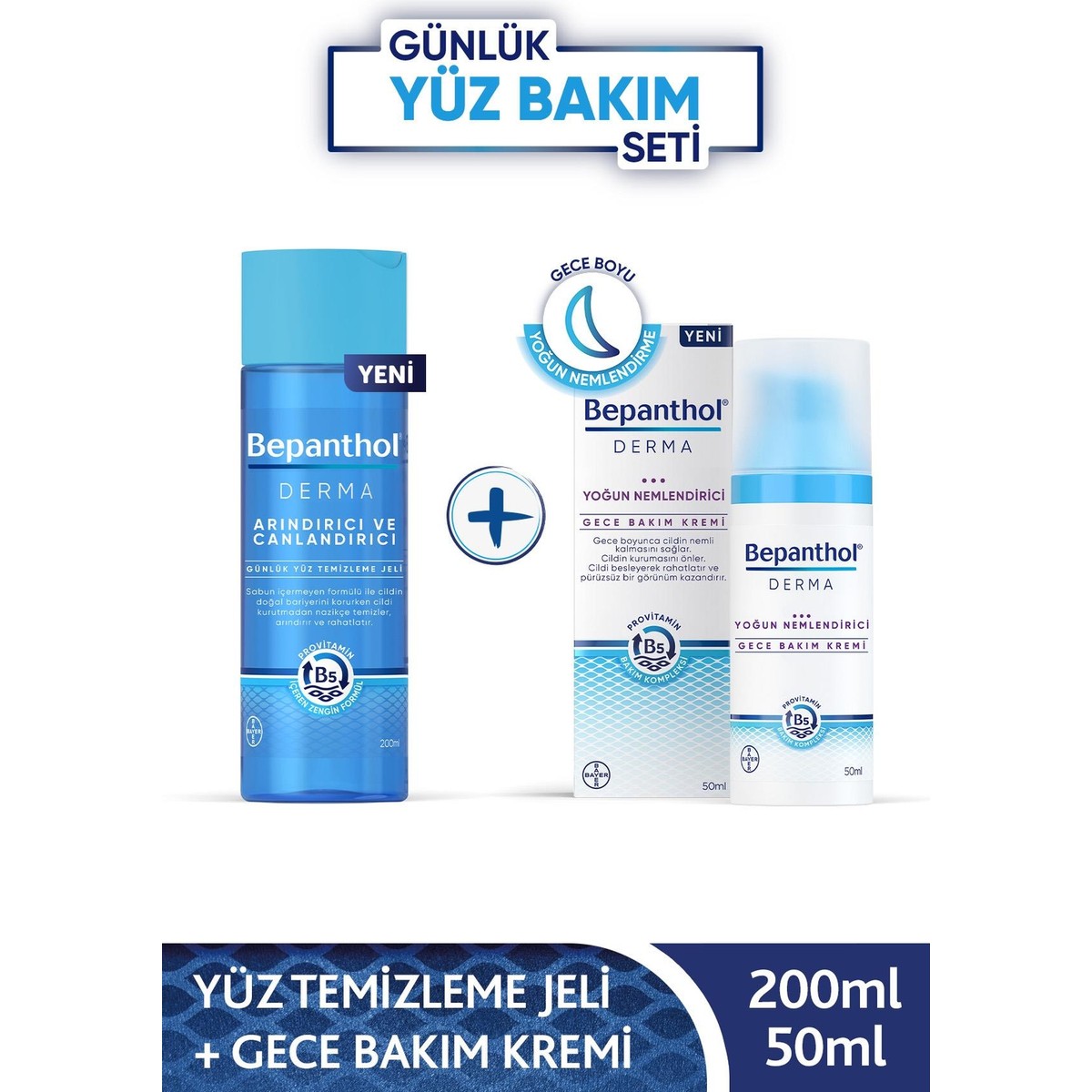 Bepanthol Derma Yoğun Nemlendirici Gece Bakım Kremi 50ML + Derma Arındırıcı & Canlandırıcı Günlük Yüz Temizleme Jeli 200ML